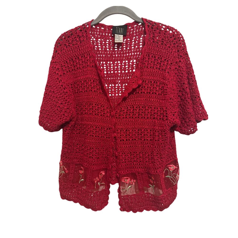 Vintage Teddi Red Crochet Knit Button Up Cardigan Sheer Floral Mesh Hem Top 14